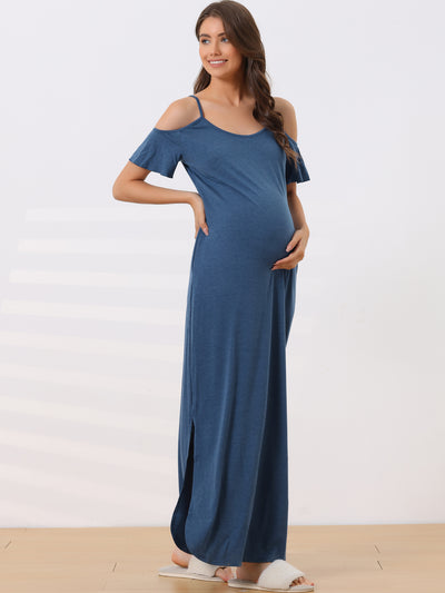 Women's Cold Shoulder Loose Maternity Nightgown Short Sleeve Maxi Lounge Dress