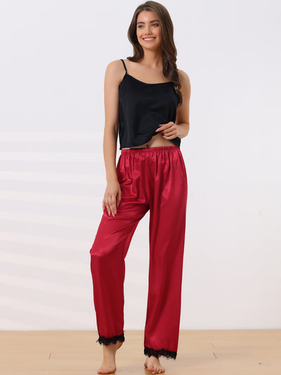 Women's Satin Wide-leg Lace Trim Loungewear Pajama Elastic Long Pants