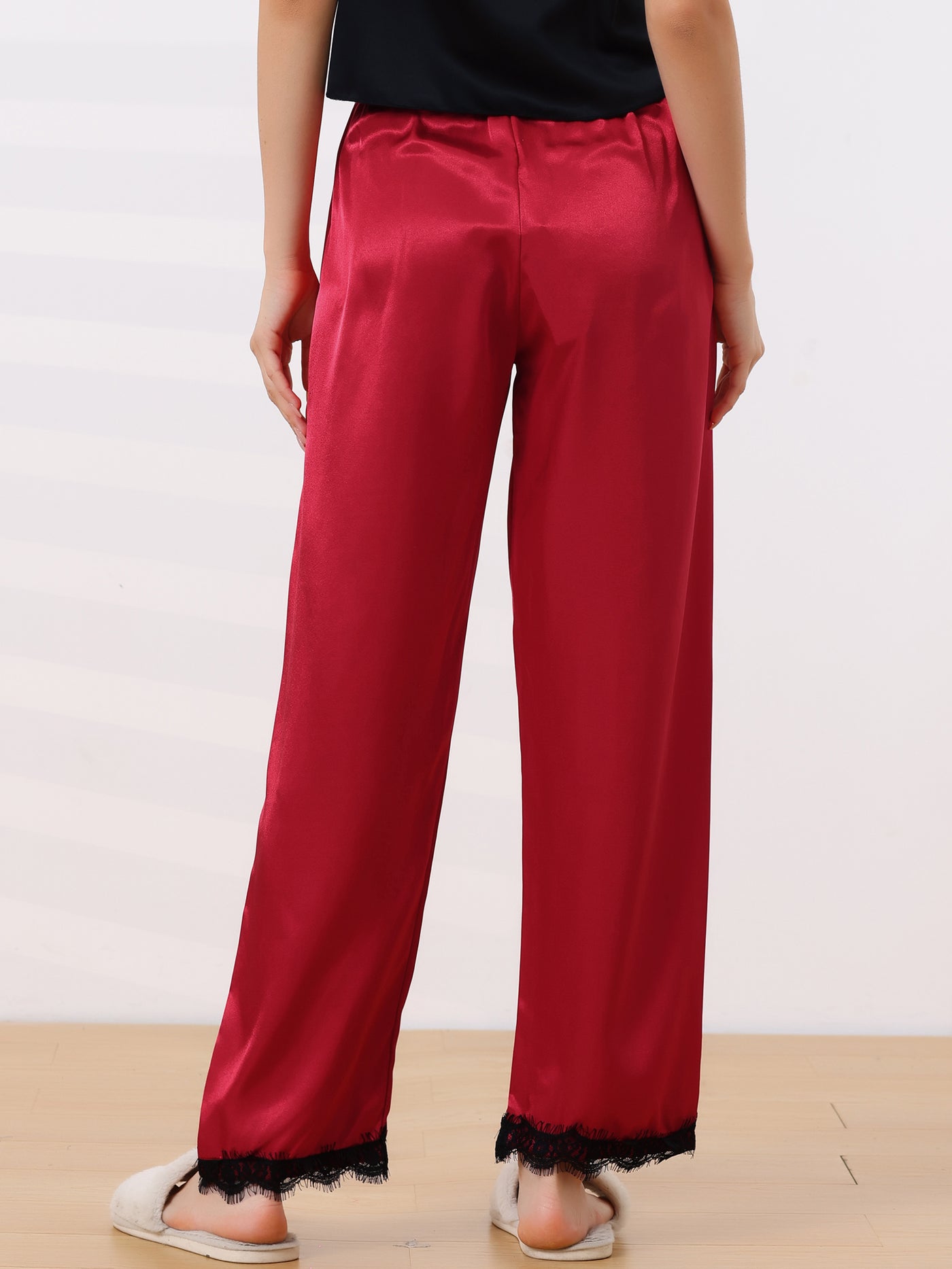 Bublédon Women's Satin Wide-leg Lace Trim Loungewear Pajama Elastic Long Pants