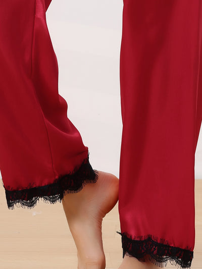 Women's Satin Wide-leg Lace Trim Loungewear Pajama Elastic Long Pants