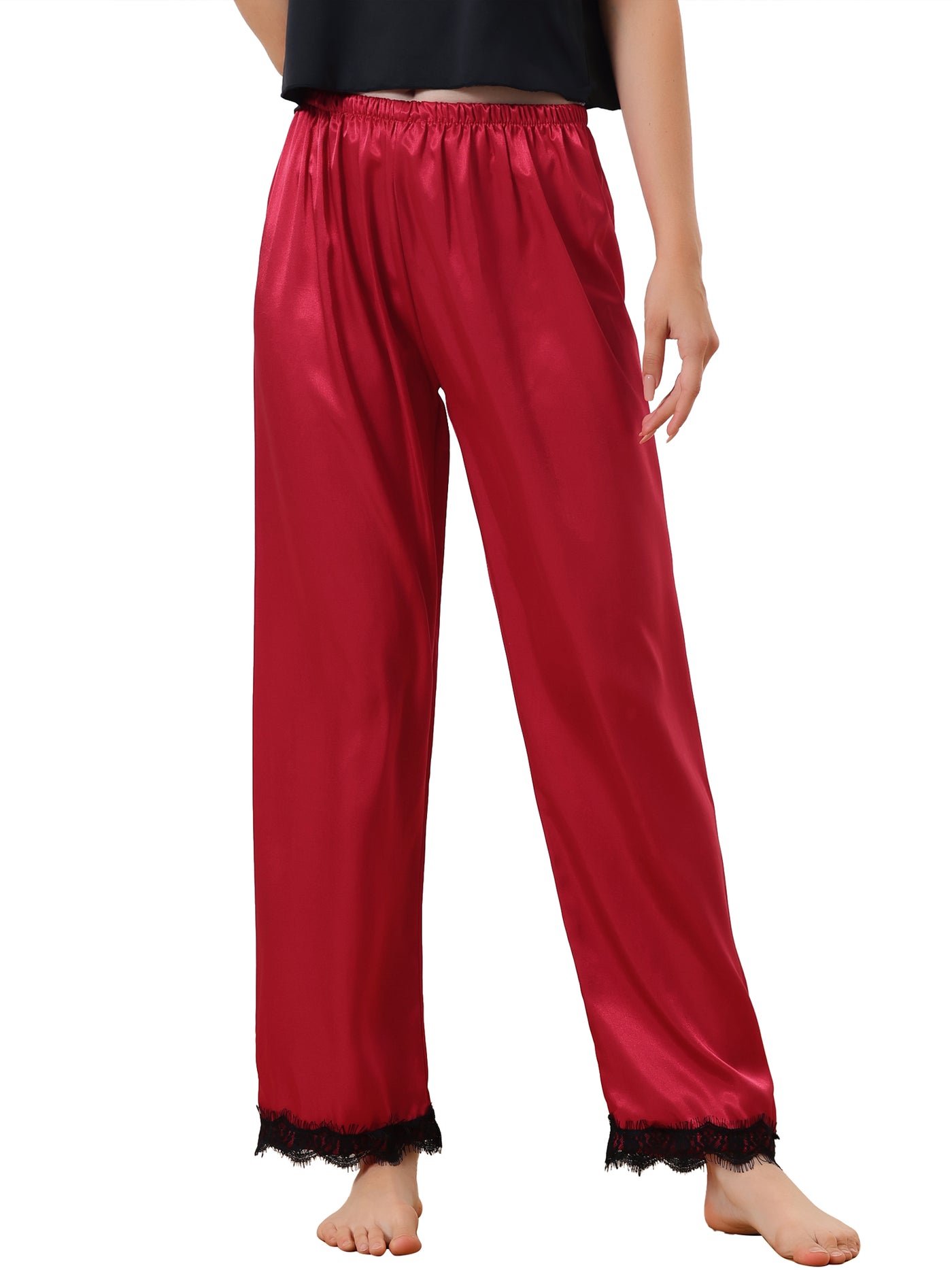 Bublédon Women's Satin Wide-leg Lace Trim Loungewear Pajama Elastic Long Pants