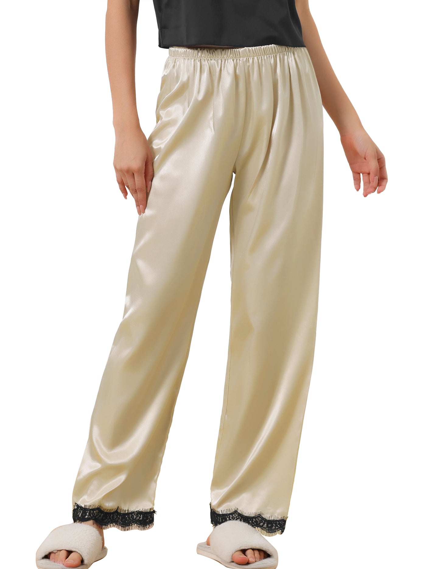 Bublédon Women's Satin Wide-leg Lace Trim Loungewear Pajama Elastic Long Pants