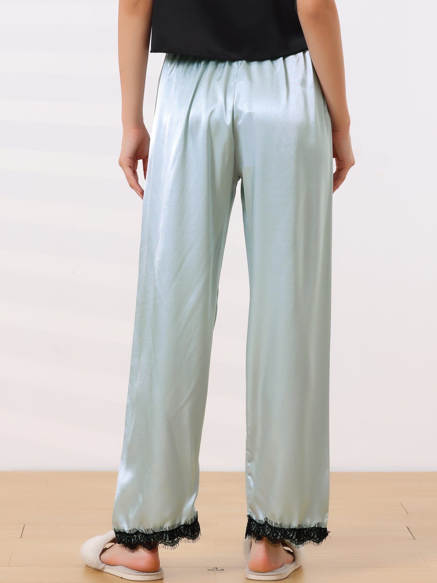 Bublédon Women's Satin Wide-leg Lace Trim Loungewear Pajama Elastic Long Pants