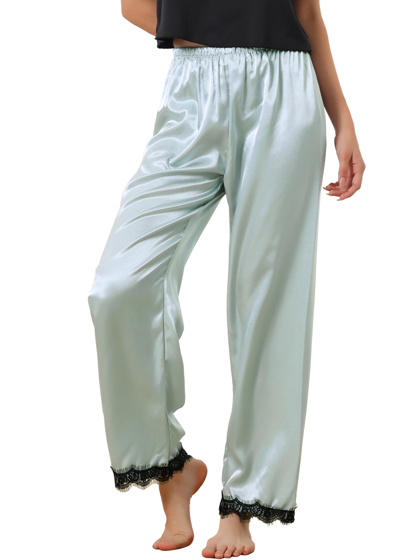 Bublédon Women's Satin Wide-leg Lace Trim Loungewear Pajama Elastic Long Pants