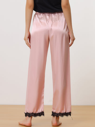 Women's Satin Wide-leg Lace Trim Loungewear Pajama Elastic Long Pants