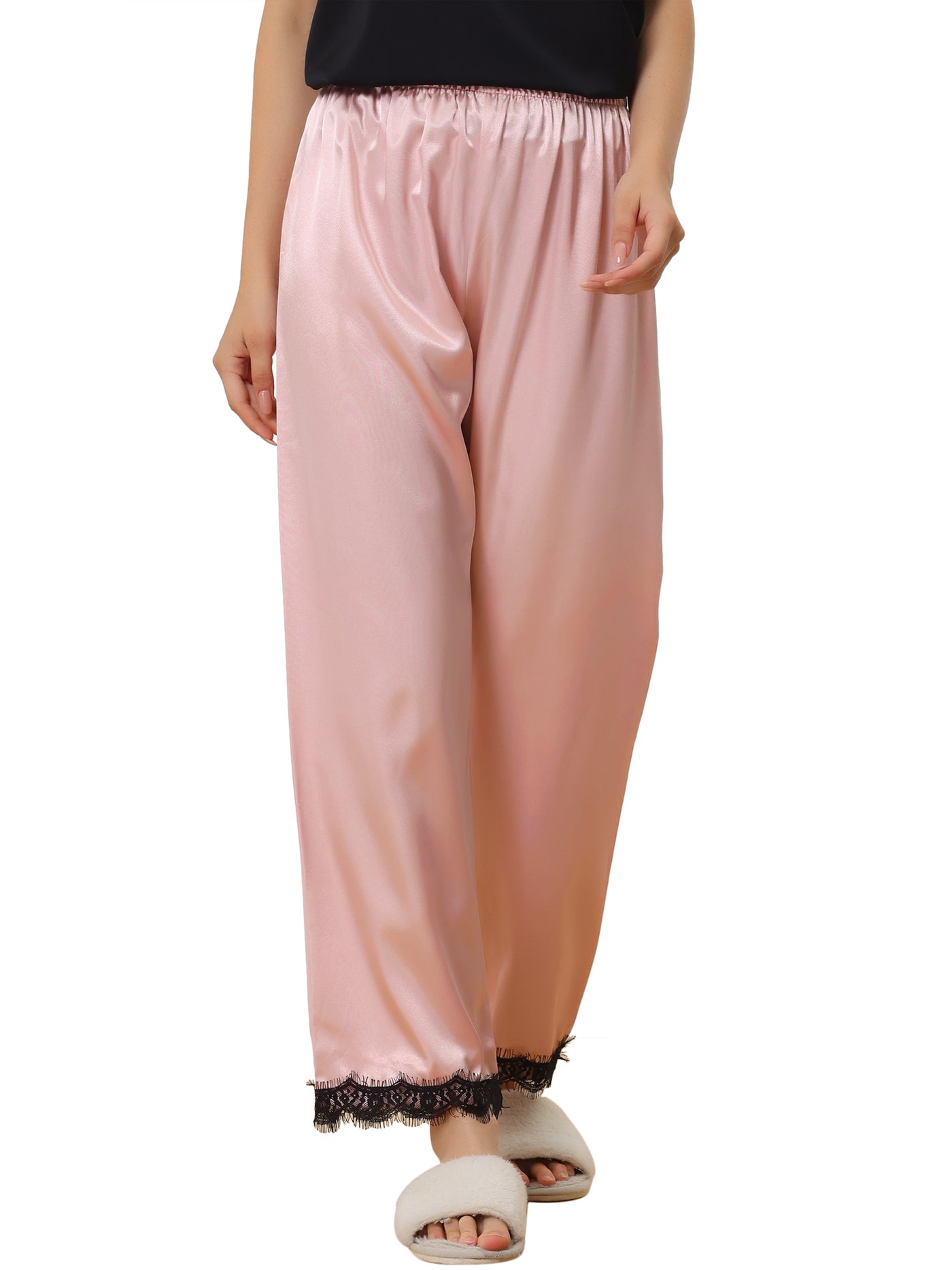 Bublédon Women's Satin Wide-leg Lace Trim Loungewear Pajama Elastic Long Pants