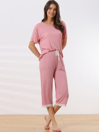 Bublédon Womens Modal Loose Summer Pajama Set Lace Trim Short Sleeve Capri Pants Sleepwear