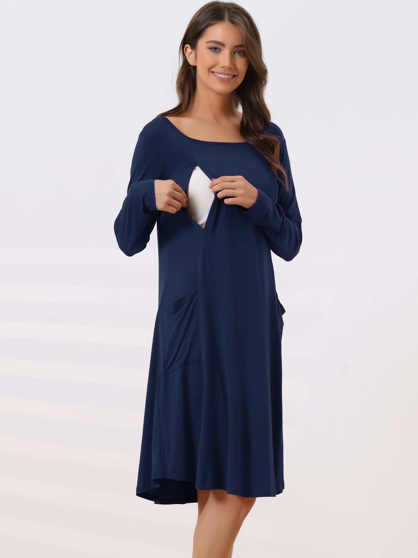 Bublédon Womens Maternity Dress with Pockets Casual Round Neck Long Sleeve Nightdress