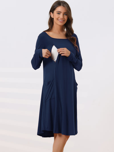 Womens Maternity Dress with Pockets Casual Round Neck Long Sleeve Nightdress