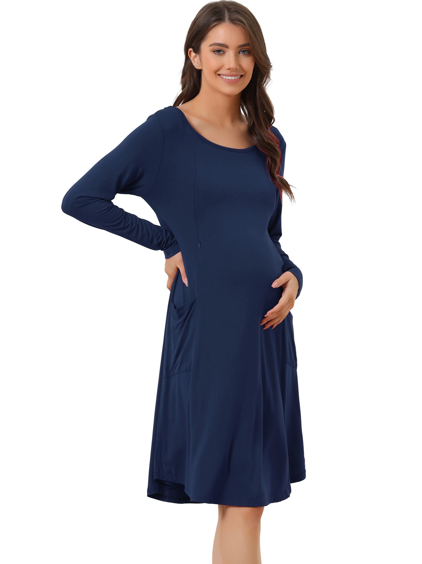 Bublédon Womens Maternity Dress with Pockets Casual Round Neck Long Sleeve Nightdress