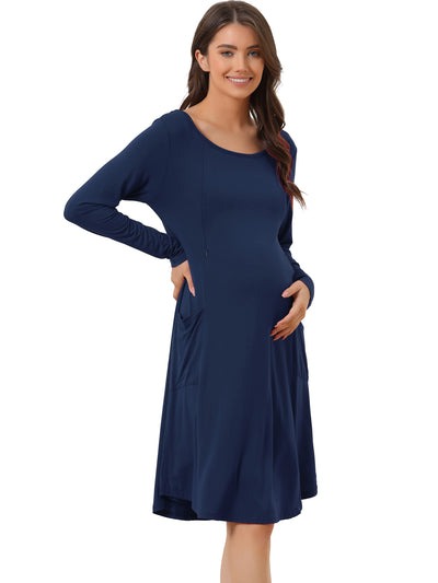 Womens Maternity Dress with Pockets Casual Round Neck Long Sleeve Nightdress