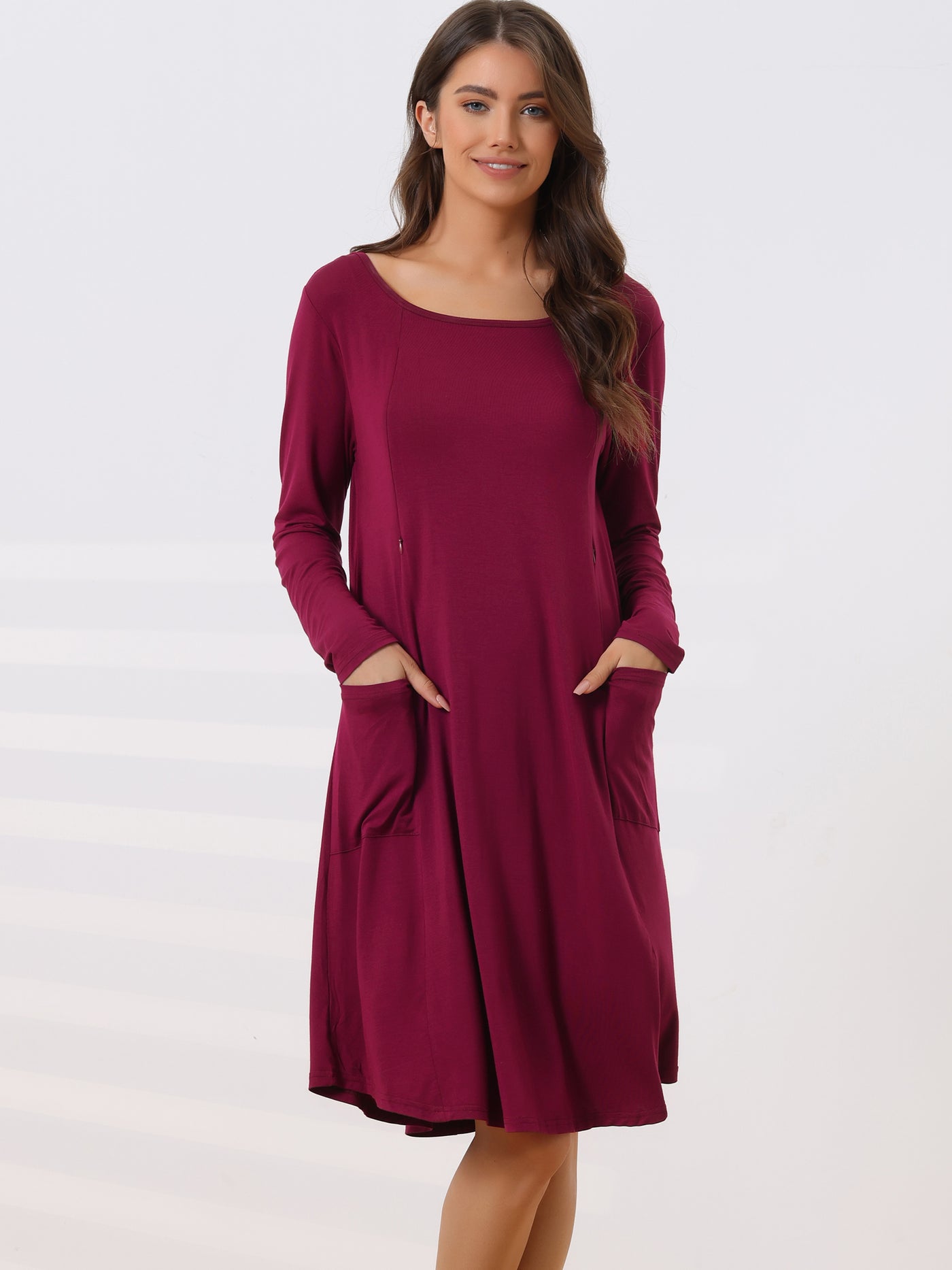 Bublédon Womens Maternity Dress with Pockets Casual Round Neck Long Sleeve Nightdress