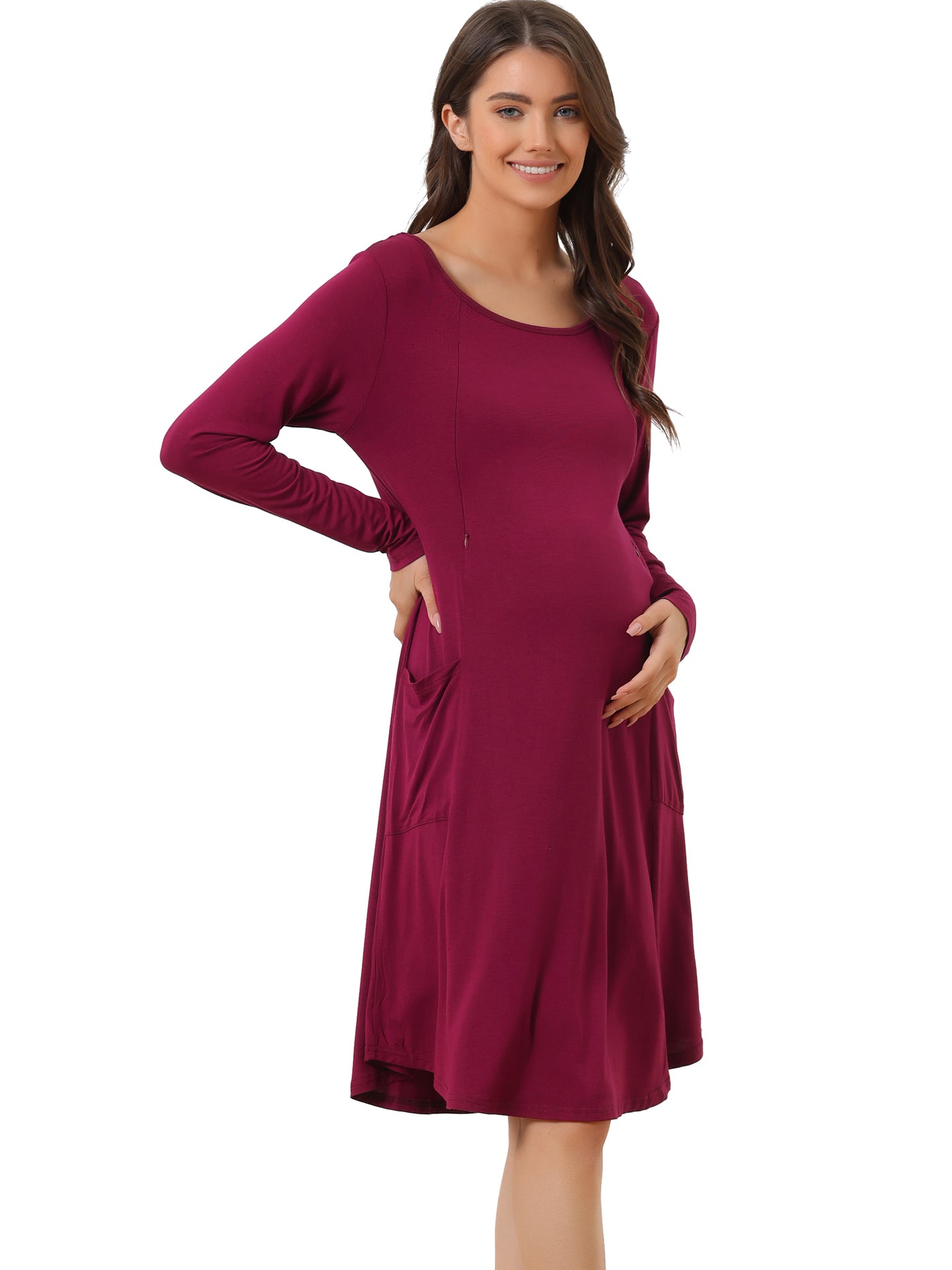 Bublédon Womens Maternity Dress with Pockets Casual Round Neck Long Sleeve Nightdress