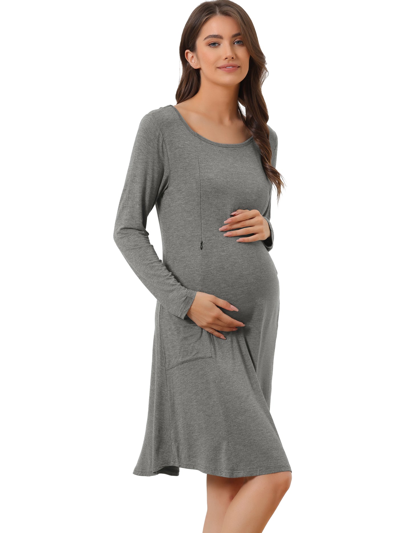 Bublédon Womens Maternity Dress with Pockets Casual Round Neck Long Sleeve Nightdress