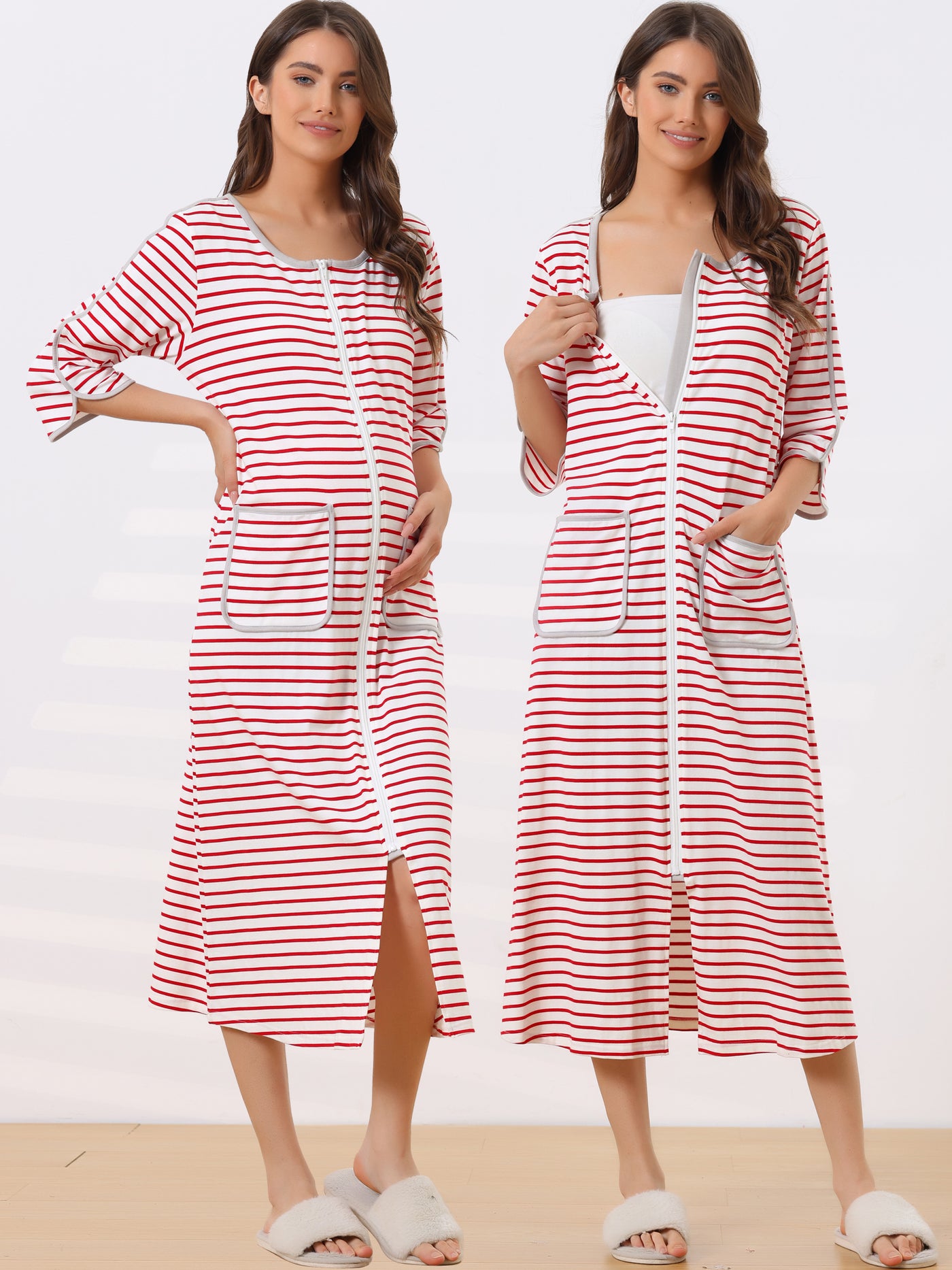 Bublédon Womens Zip Front Robe 3/4 Sleeve Striped Long Bathrobe House Dress Housecoat Pajama