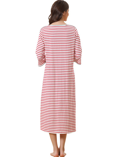 Womens Zip Front Robe 3/4 Sleeve Striped Long Bathrobe House Dress Housecoat Pajama