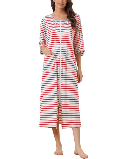 Womens Zip Front Robe 3/4 Sleeve Striped Long Bathrobe House Dress Housecoat Pajama