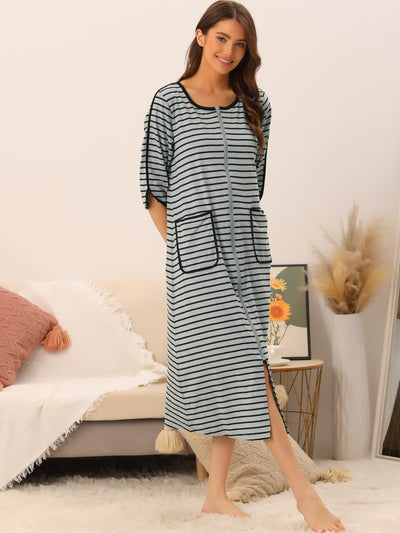 Womens Zip Front Robe 3/4 Sleeve Striped Long Bathrobe House Dress Housecoat Pajama