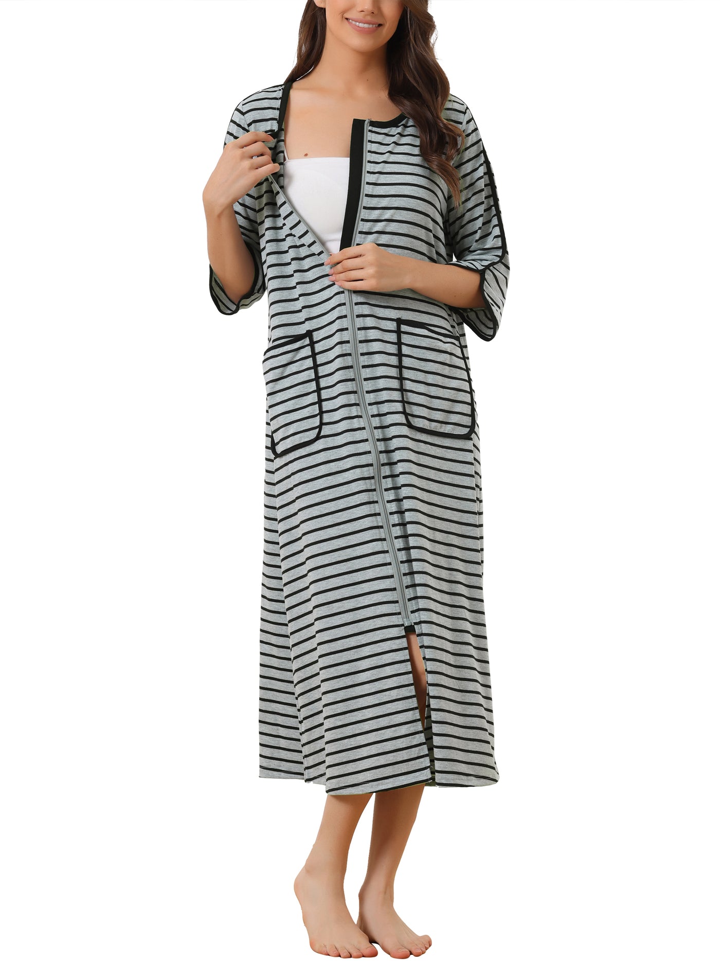 Bublédon Womens Zip Front Robe 3/4 Sleeve Striped Long Bathrobe House Dress Housecoat Pajama