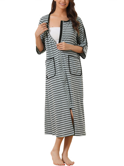 Womens Zip Front Robe 3/4 Sleeve Striped Long Bathrobe House Dress Housecoat Pajama