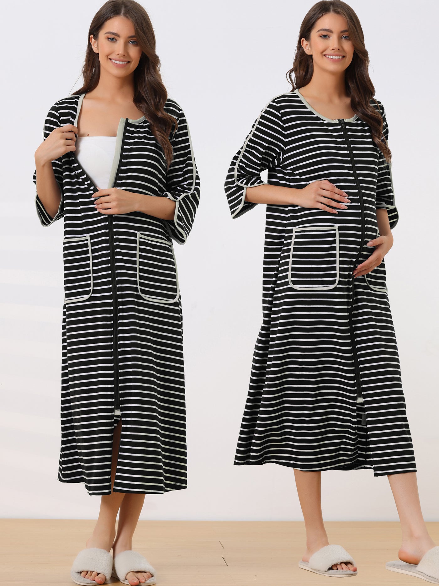 Bublédon Womens Zip Front Robe 3/4 Sleeve Striped Long Bathrobe House Dress Housecoat Pajama