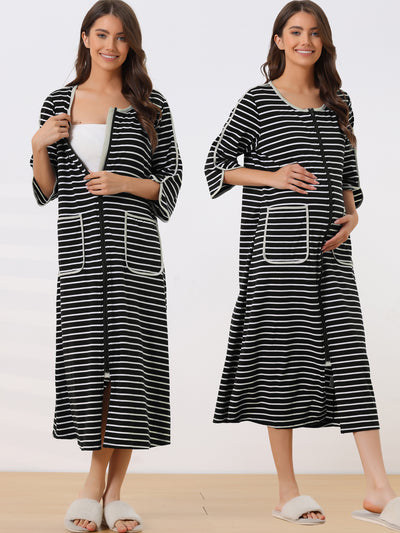 Womens Zip Front Robe 3/4 Sleeve Striped Long Bathrobe House Dress Housecoat Pajama