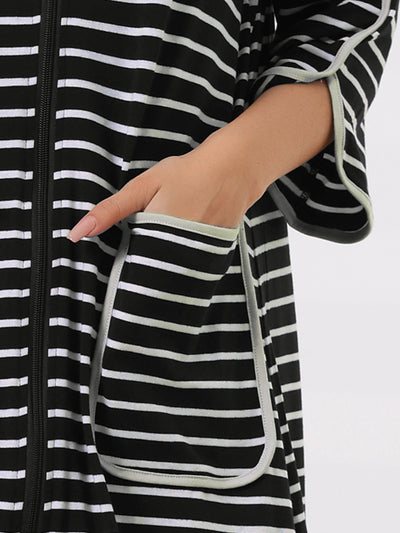 Womens Zip Front Robe 3/4 Sleeve Striped Long Bathrobe House Dress Housecoat Pajama