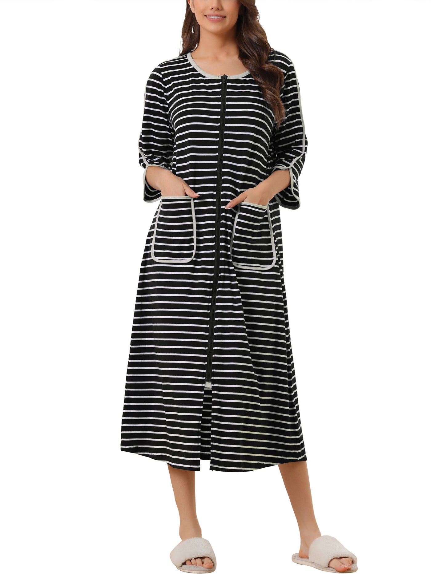 Bublédon Womens Zip Front Robe 3/4 Sleeve Striped Long Bathrobe House Dress Housecoat Pajama