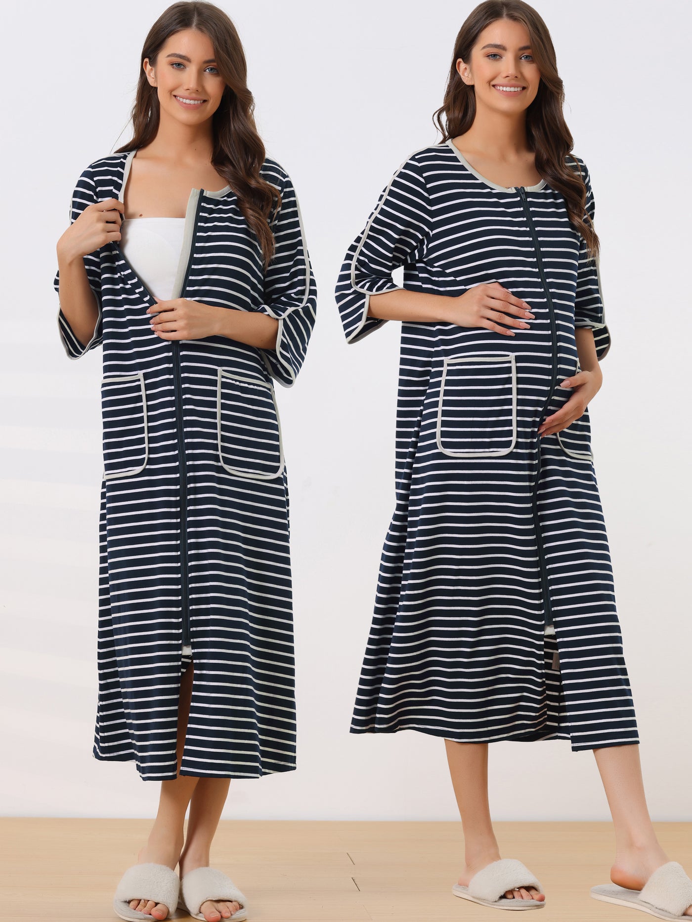 Bublédon Womens Zip Front Robe 3/4 Sleeve Striped Long Bathrobe House Dress Housecoat Pajama