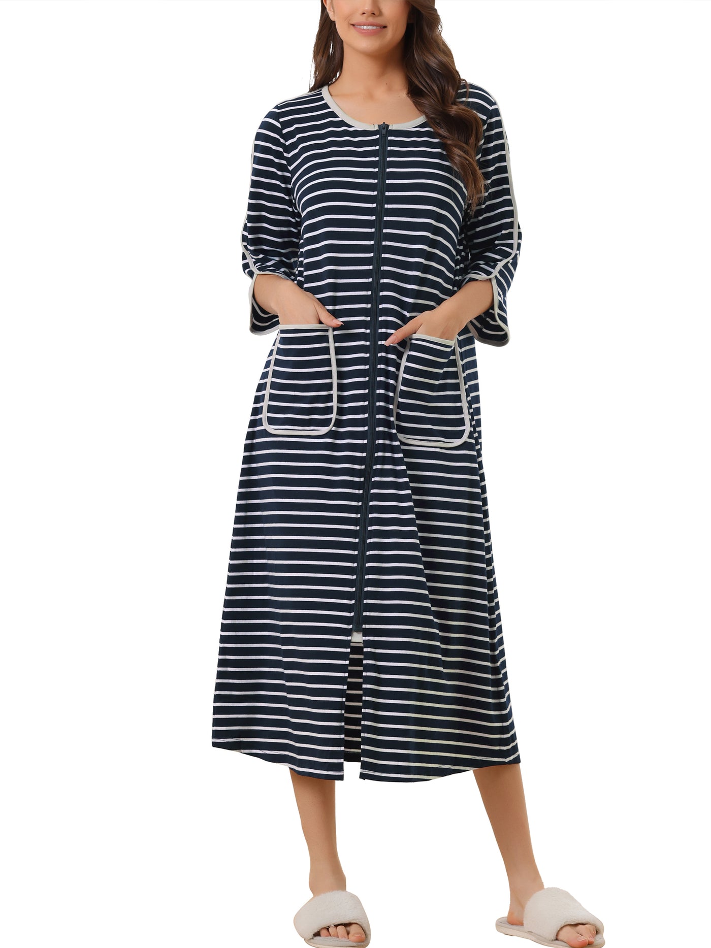 Bublédon Womens Zip Front Robe 3/4 Sleeve Striped Long Bathrobe House Dress Housecoat Pajama