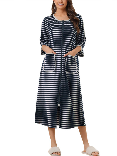 Womens Zip Front Robe 3/4 Sleeve Striped Long Bathrobe House Dress Housecoat Pajama