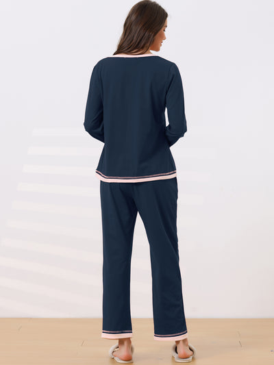 Womens Long Sleeve Pajama Set Shirt and Pants with Pocket Loungwear 2 Piece Sleep Sets