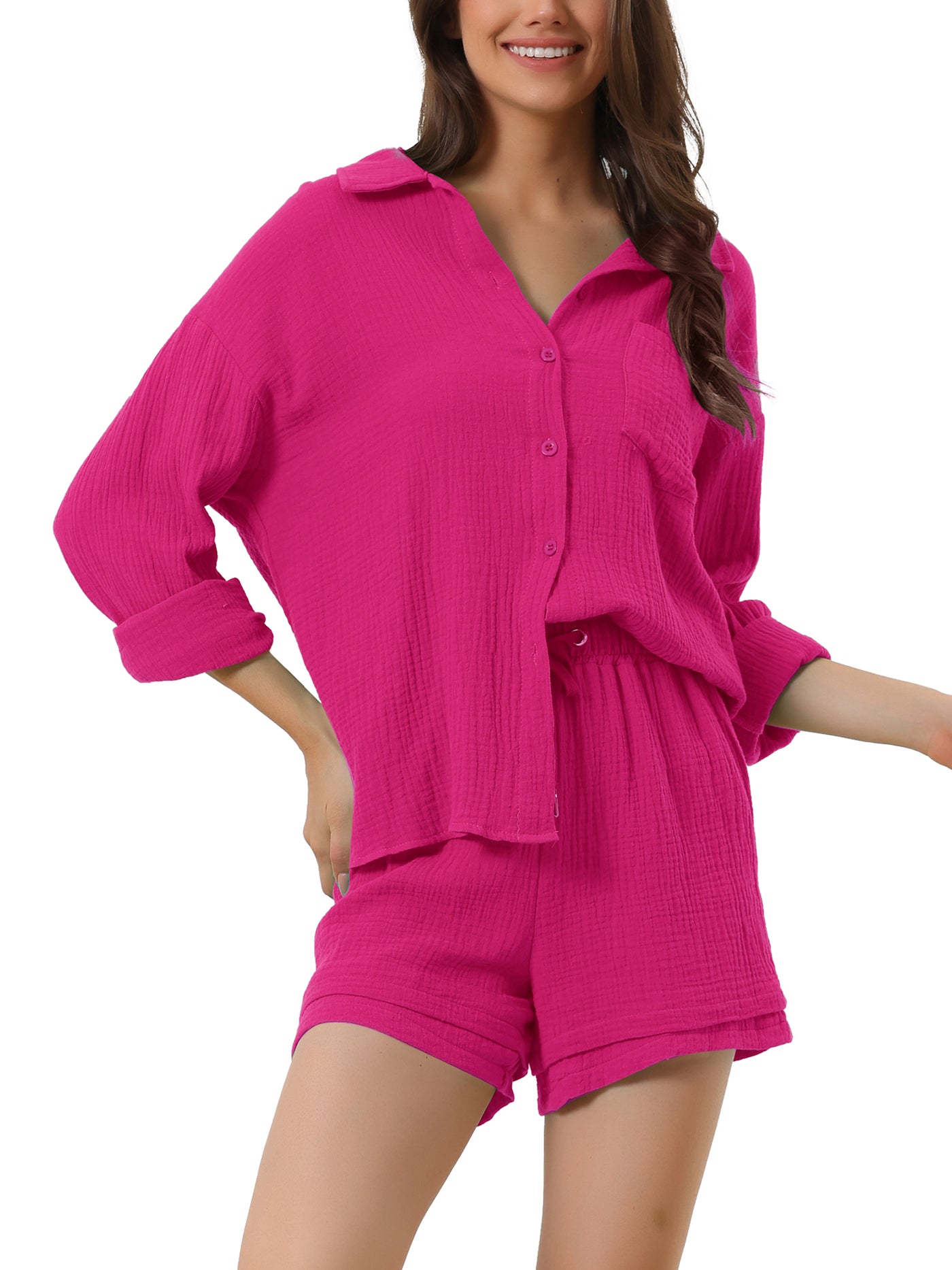 Bublédon Womens Sleepwear Button Down Long Sleeve Shirt with Shorts Casual Lounge Sets