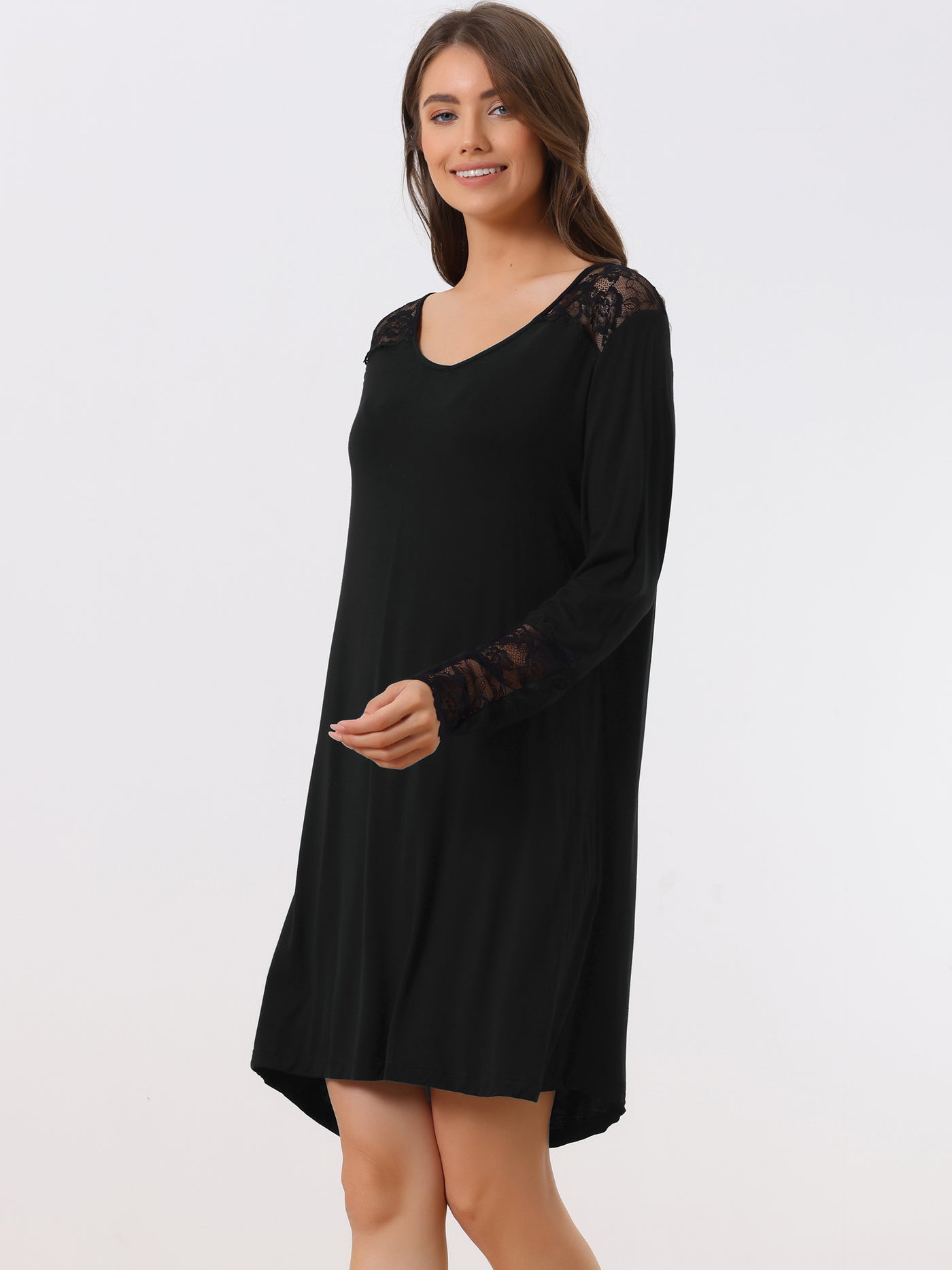 Bublédon Womens Lace Trim Nightshirt Long Sleeve Pull on Nightgown T-Shirt Dress