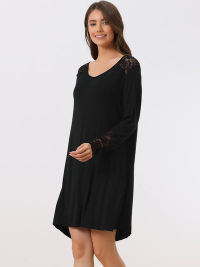 Womens Lace Trim Nightshirt Long Sleeve Pull on Nightgown T-Shirt Dress