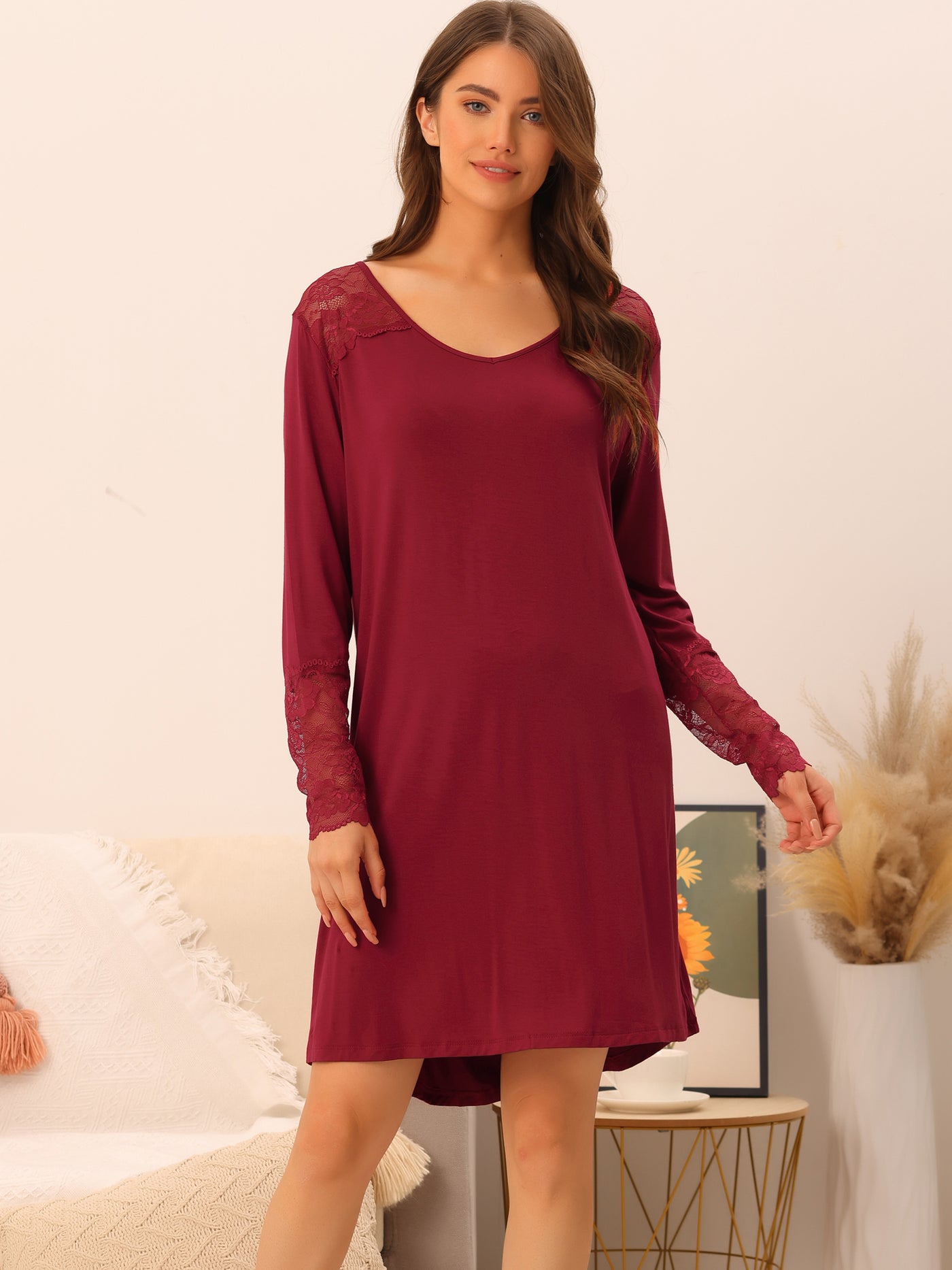 Bublédon Womens Lace Trim Nightshirt Long Sleeve Pull on Nightgown T-Shirt Dress