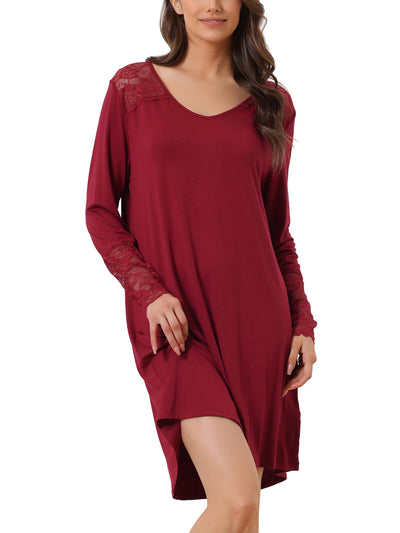 Womens Lace Trim Nightshirt Long Sleeve Pull on Nightgown T-Shirt Dress