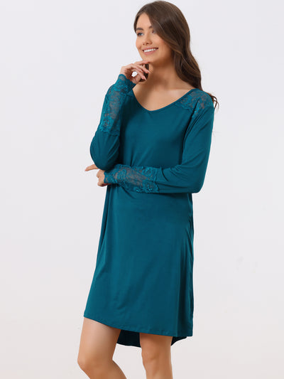 Womens Lace Trim Nightshirt Long Sleeve Pull on Nightgown T-Shirt Dress