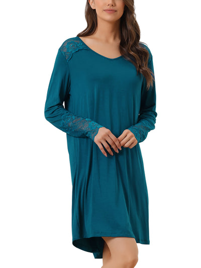 Womens Lace Trim Nightshirt Long Sleeve Pull on Nightgown T-Shirt Dress