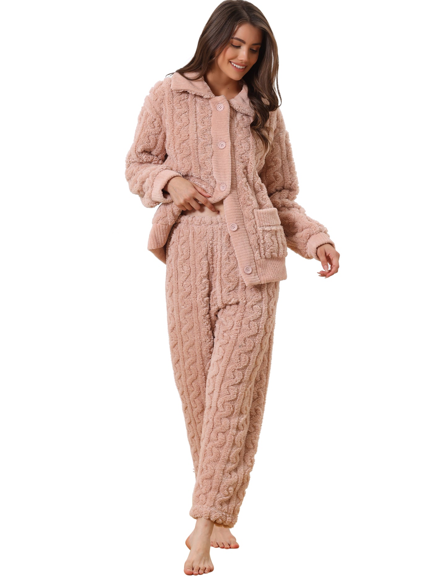 Bublédon Womens Fluffy Fleece Pajama Set Soft Warm Pockets Button Down Long Sleeve Sleepwear