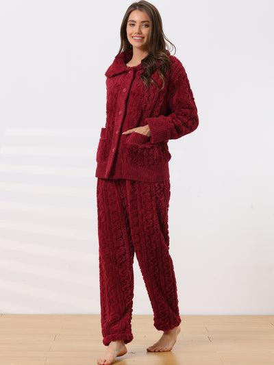 Womens Fluffy Fleece Pajama Set Soft Warm Pockets Button Down Long Sleeve Sleepwear