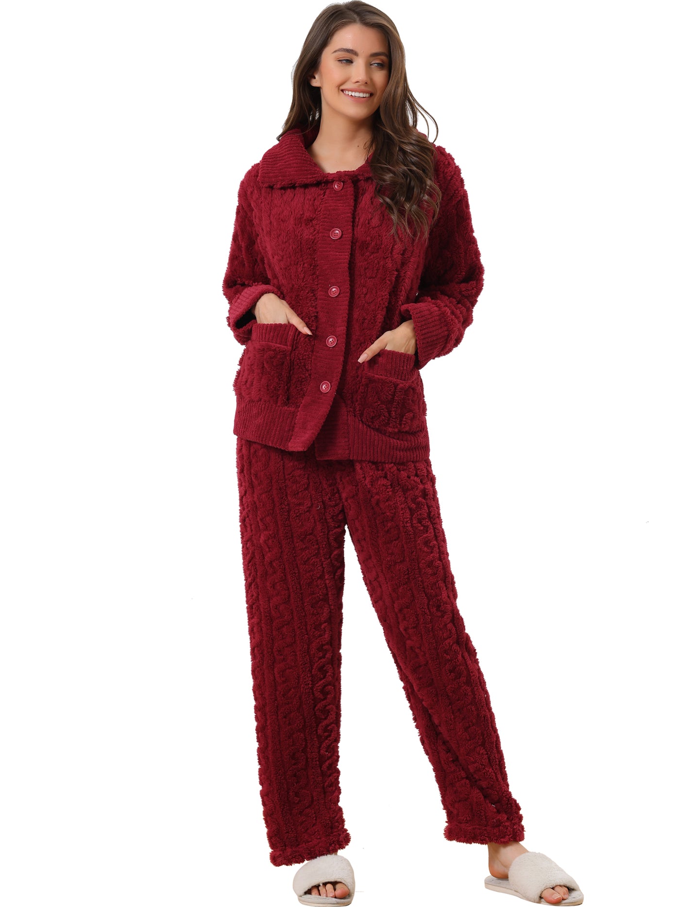 Bublédon Womens Fluffy Fleece Pajama Set Soft Warm Pockets Button Down Long Sleeve Sleepwear