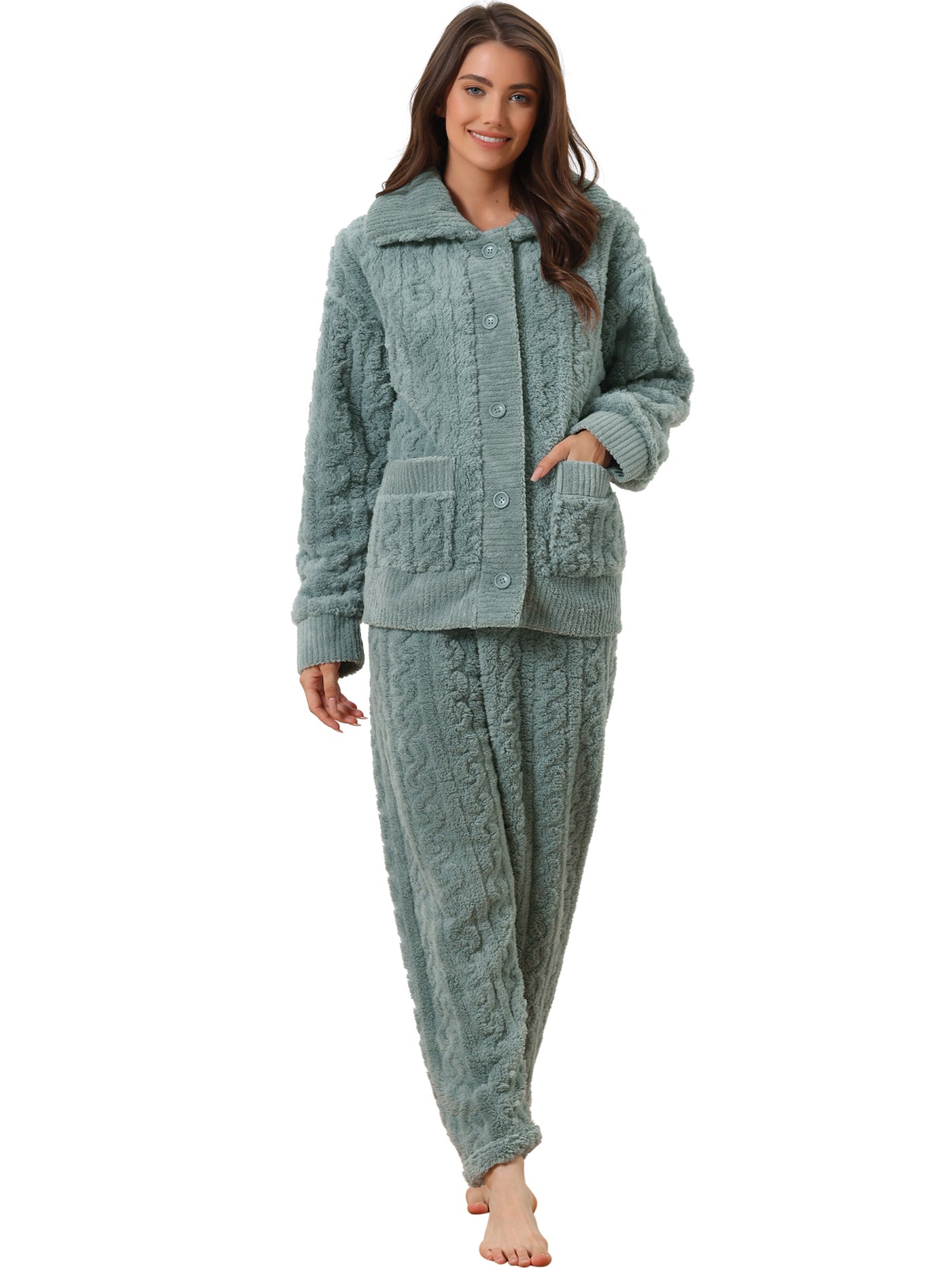 Bublédon Womens Fluffy Fleece Pajama Set Soft Warm Pockets Button Down Long Sleeve Sleepwear