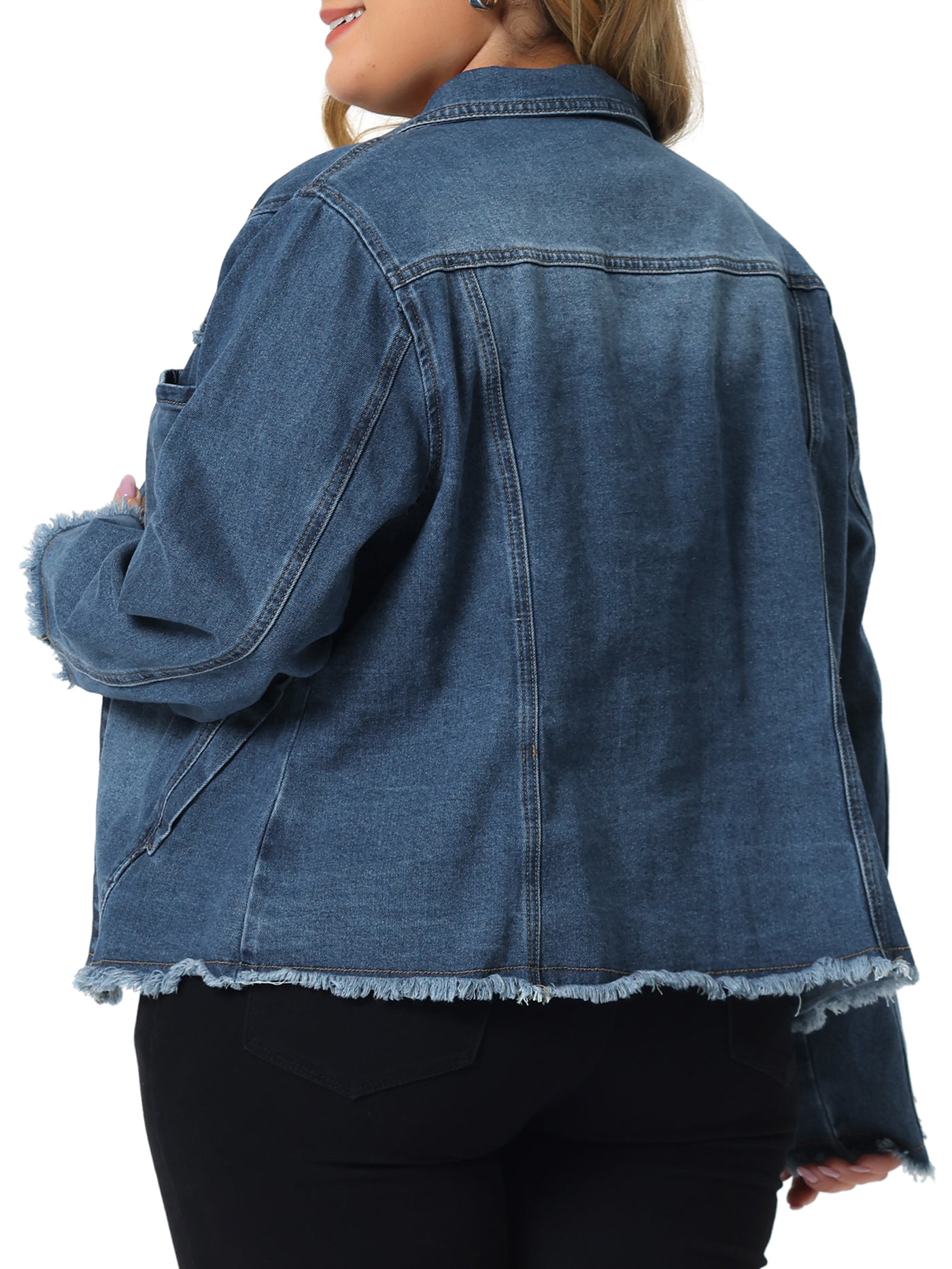 Bublédon Frayed Hem Long Sleeve Pockets Button Up Denim Jean Jackets