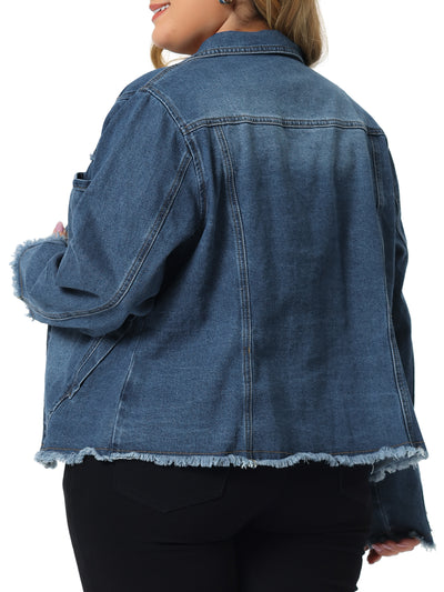 Frayed Hem Long Sleeve Pockets Button Up Denim Jean Jackets