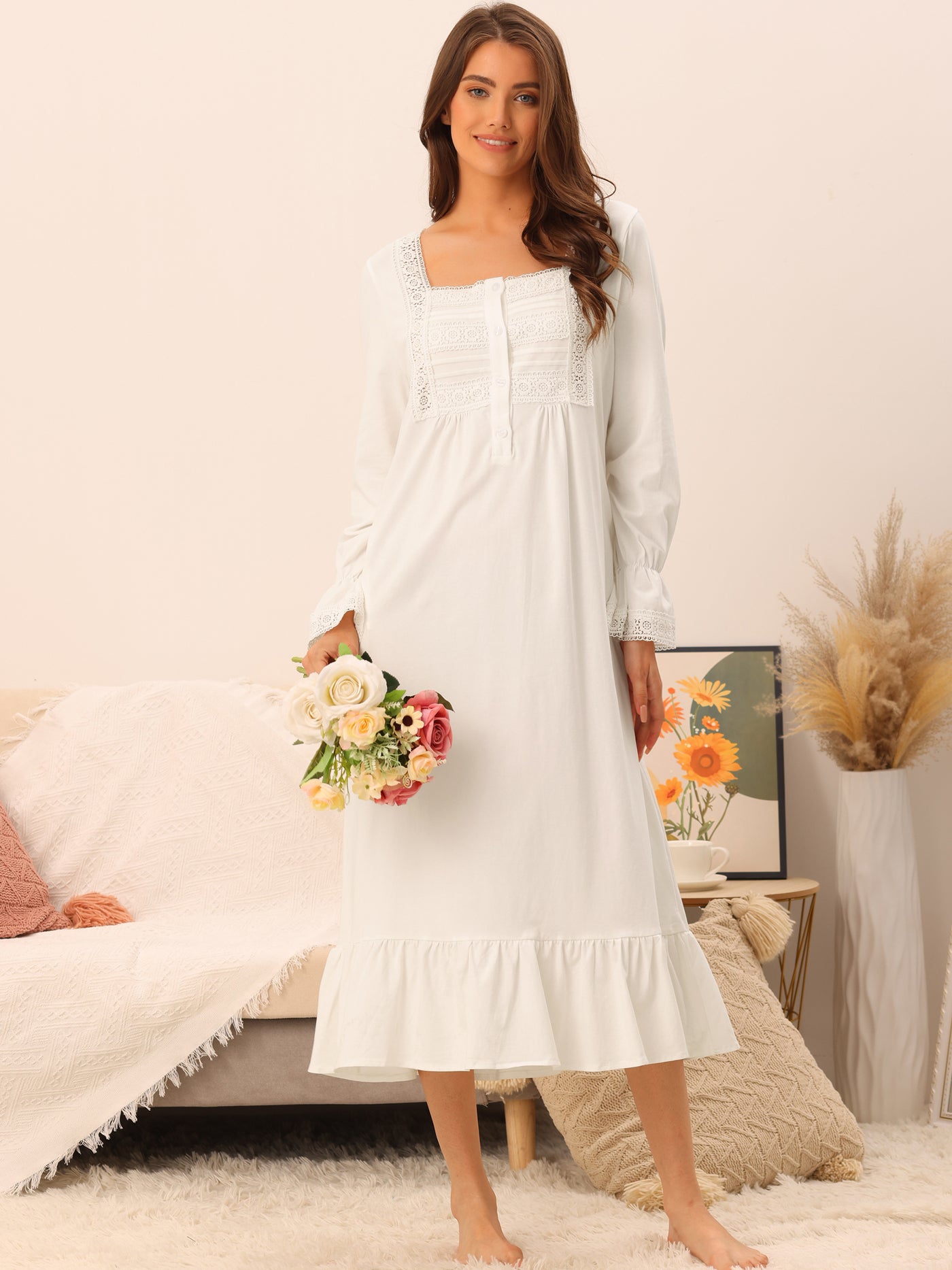 Bublédon Womens Victorian Nightgown Long Sleeve Ruffle Night Gown Sleepwear with Pockets