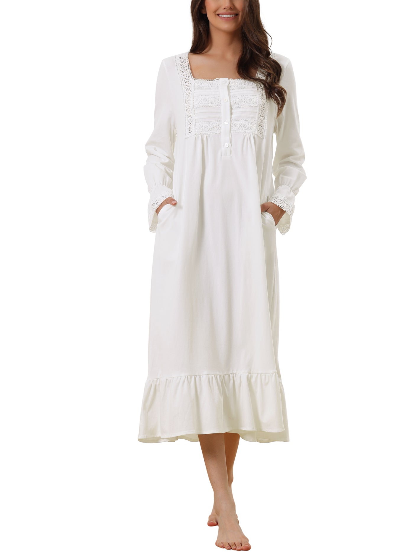 Bublédon Womens Victorian Nightgown Long Sleeve Ruffle Night Gown Sleepwear with Pockets