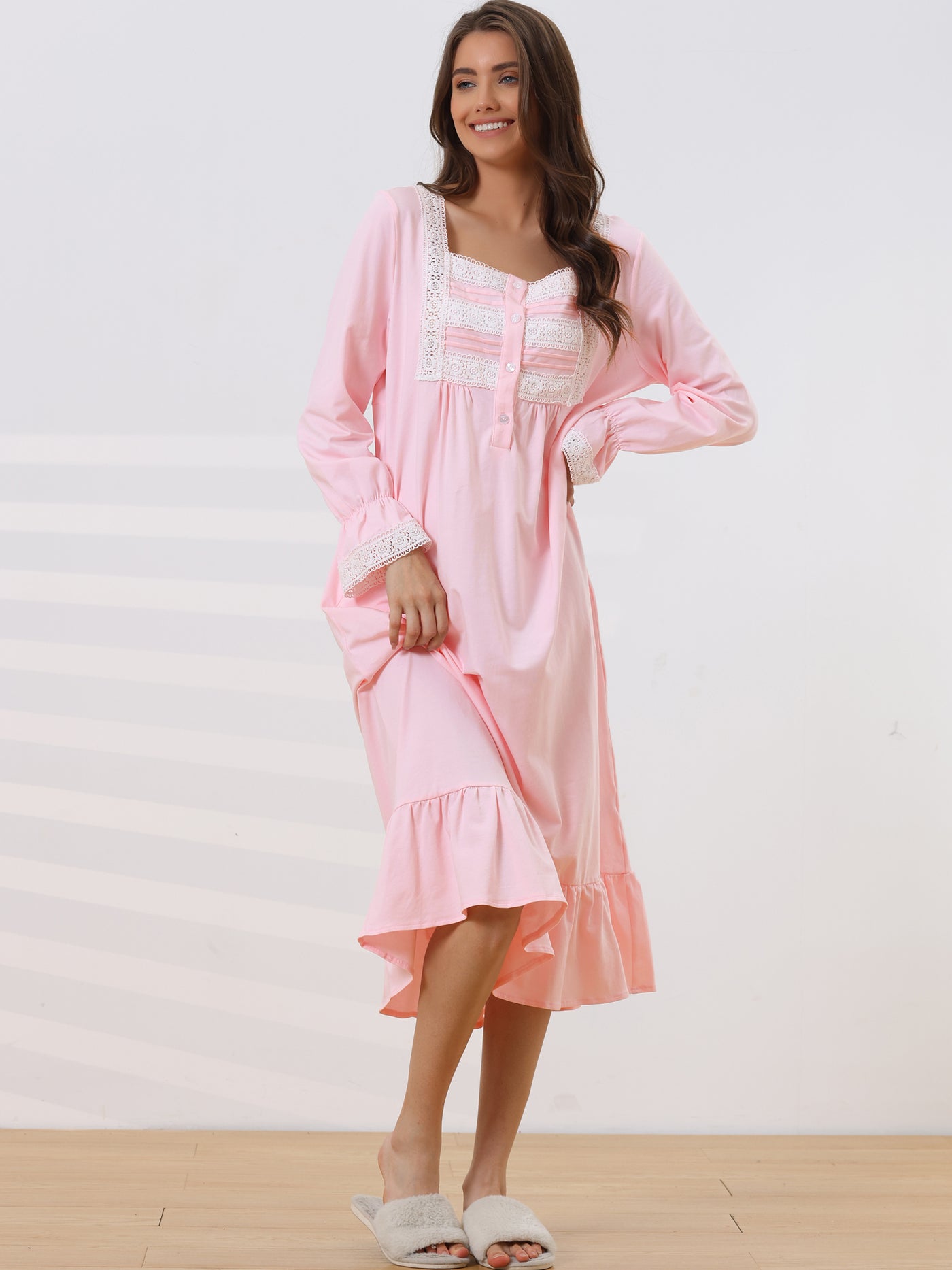 Bublédon Womens Victorian Nightgown Long Sleeve Ruffle Night Gown Sleepwear with Pockets