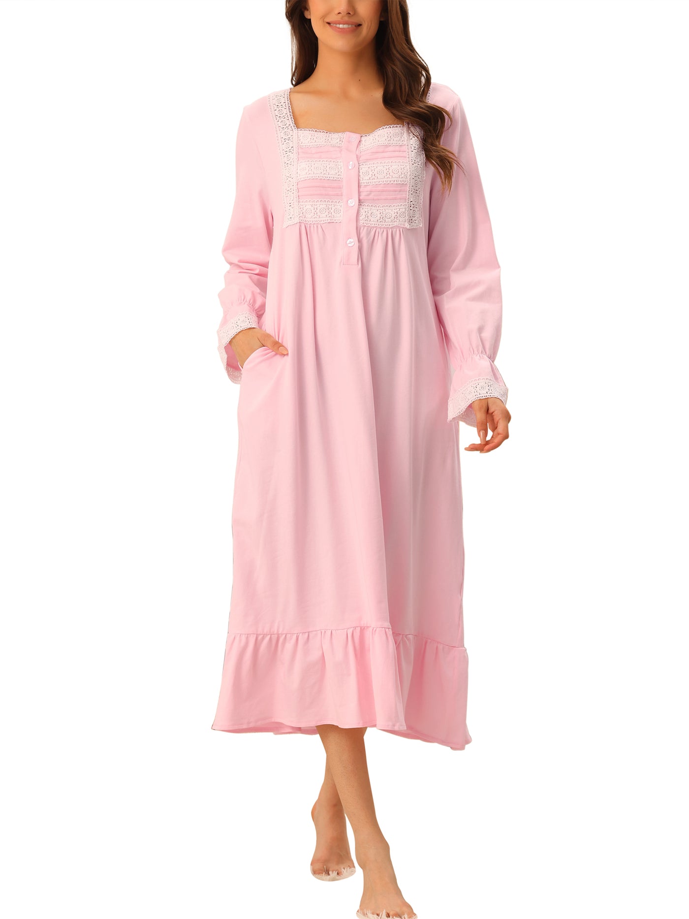 Bublédon Womens Victorian Nightgown Long Sleeve Ruffle Night Gown Sleepwear with Pockets