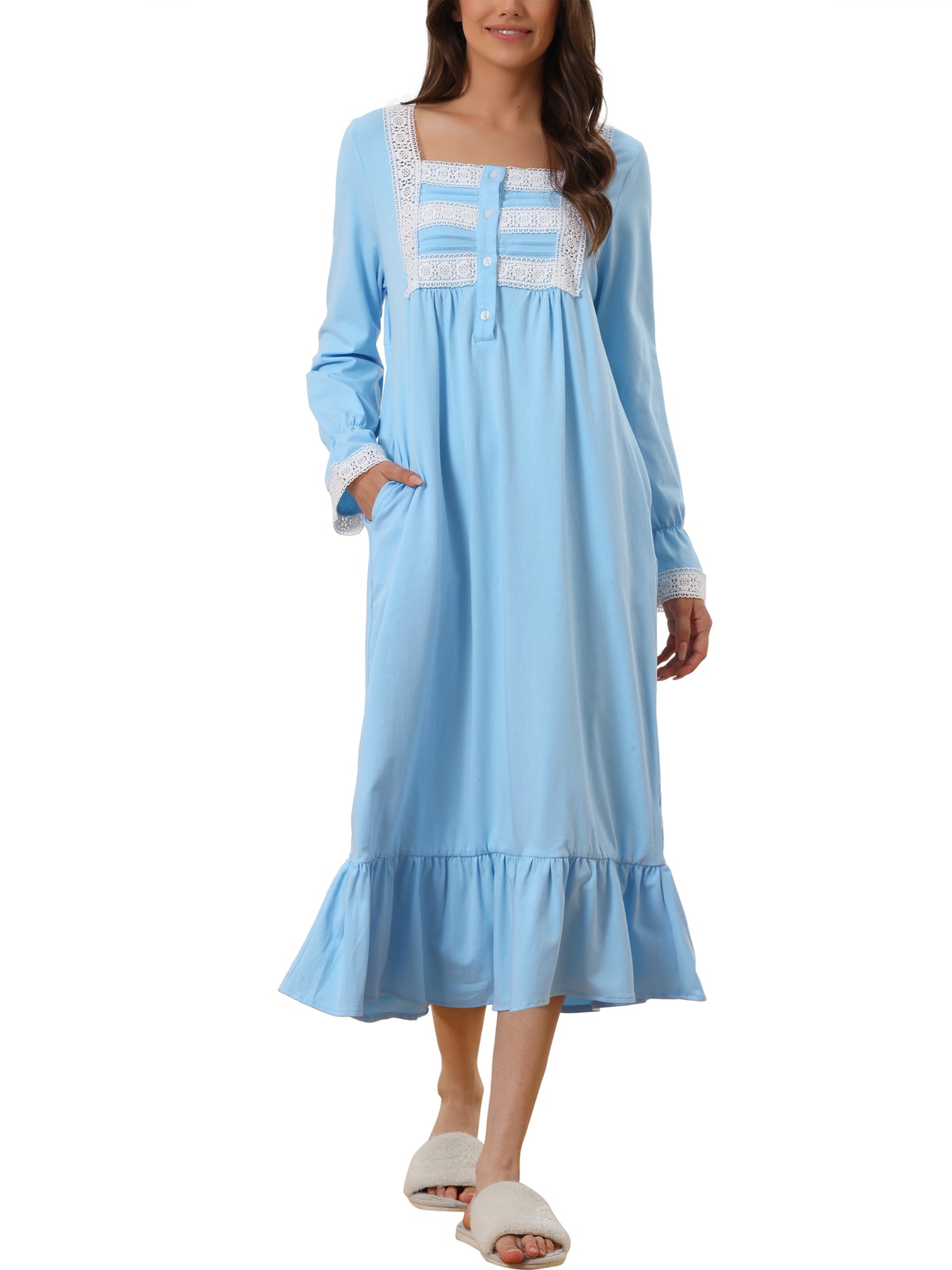 Bublédon Womens Victorian Nightgown Long Sleeve Ruffle Night Gown Sleepwear with Pockets